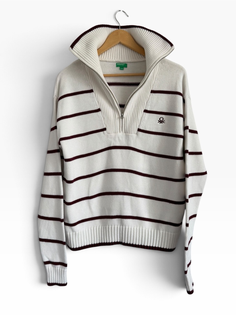 United Colors Of Benetton Men's Cream Half-Zip With Burgundy Striped Sweater